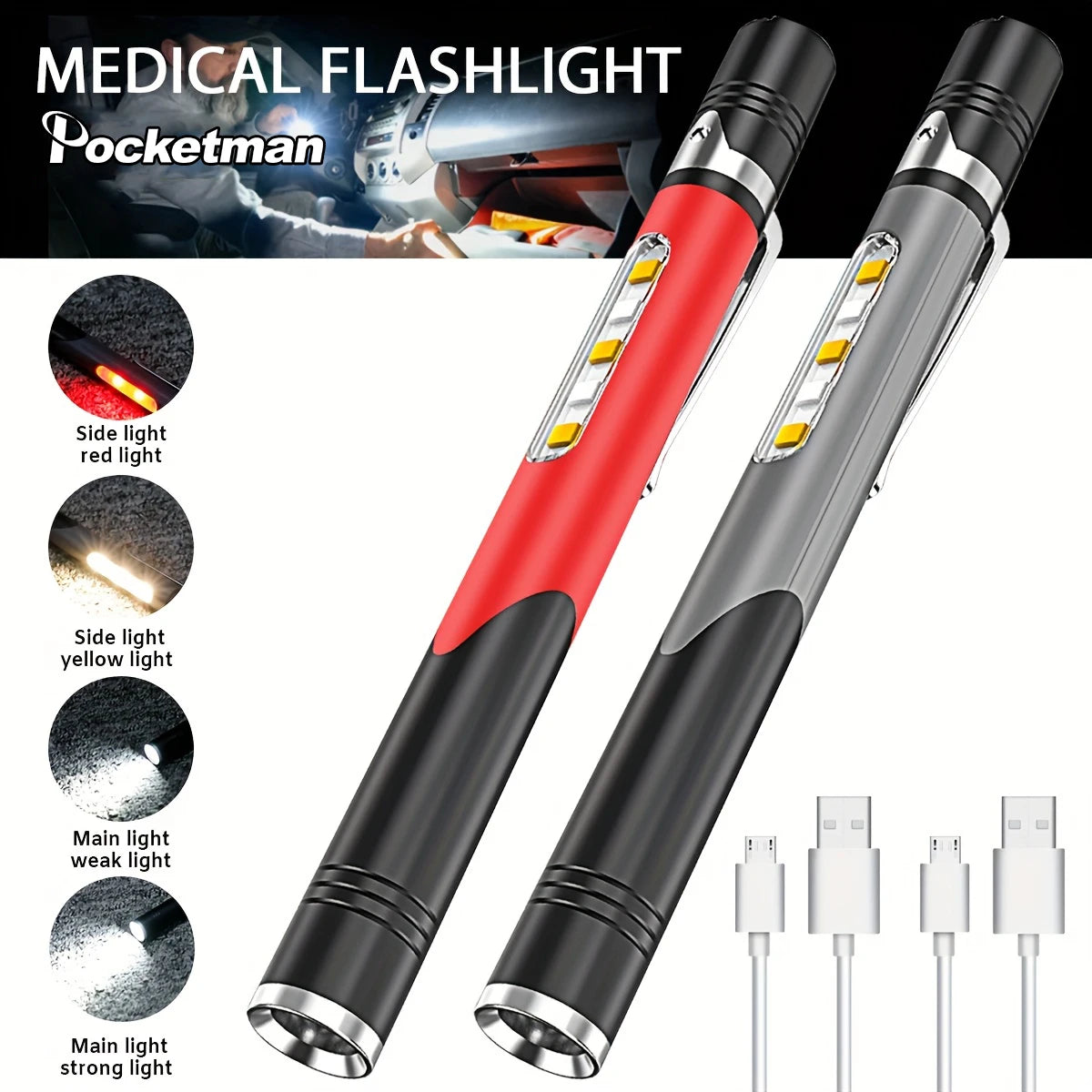 POCKETMAN USB Rechargeable Pen Flashlight – 4-Mode COB LED Pen Flashlight Zpaxo