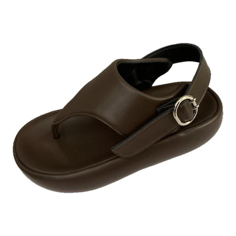 Thick-soled Heightening Belt Buckle Clip-toe Sandals 2025 Summer Leather Beach Shoes Casual Roman Women's Shoes Zpaxo