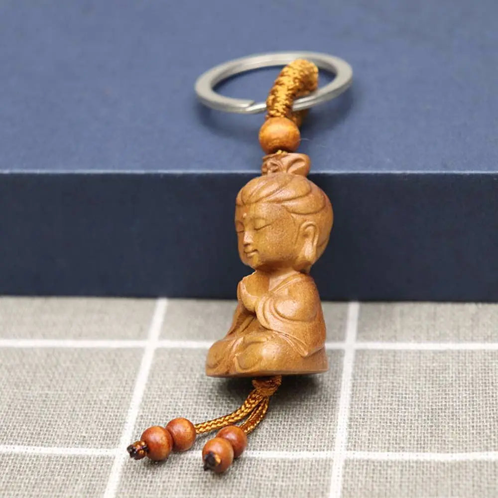 for Safely Wealth Lifelike Bag Pendant Monk Wood Carving Craft Buddha Buddhism Key Ring Keyfob Keychain Car Accessories Zpaxo