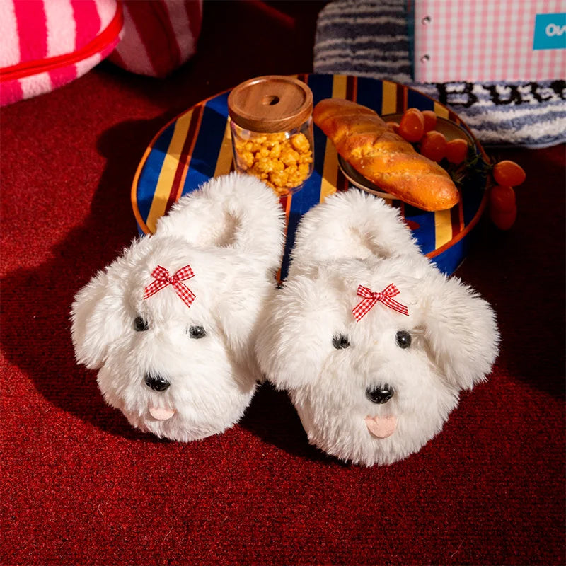 SHAJI Cute Cotton Dog Home Slippers Women Winter Bowtie Decor Indoor