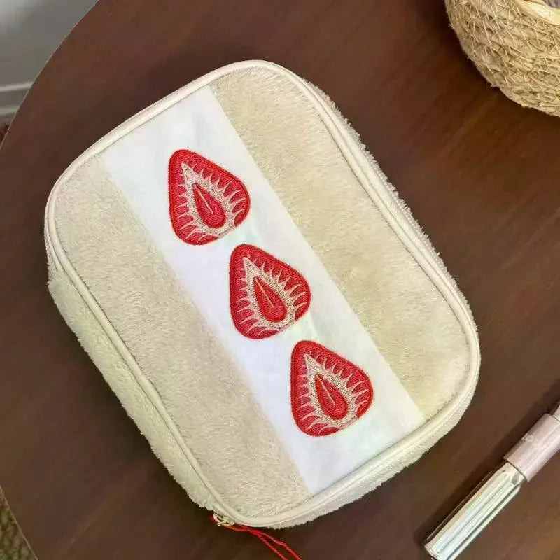 Cute Embroidered Strawberry Pencil Case Portable Stationery Pen Box Multi Functional Large Capacity Makeup Bag Storage Bag Zpaxo
