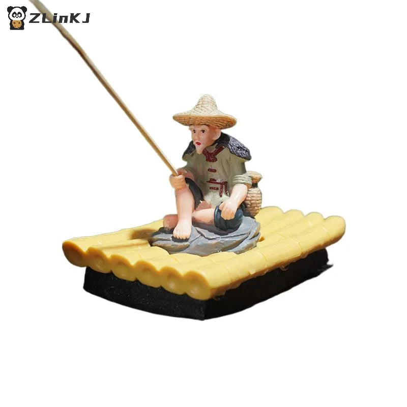 ▶1Pcs PVC Garden Statue Bamboo Raft Elderly Fisherman Figurine For Yard Floating Aquarium Decor Outdoor Decoration Zpaxo