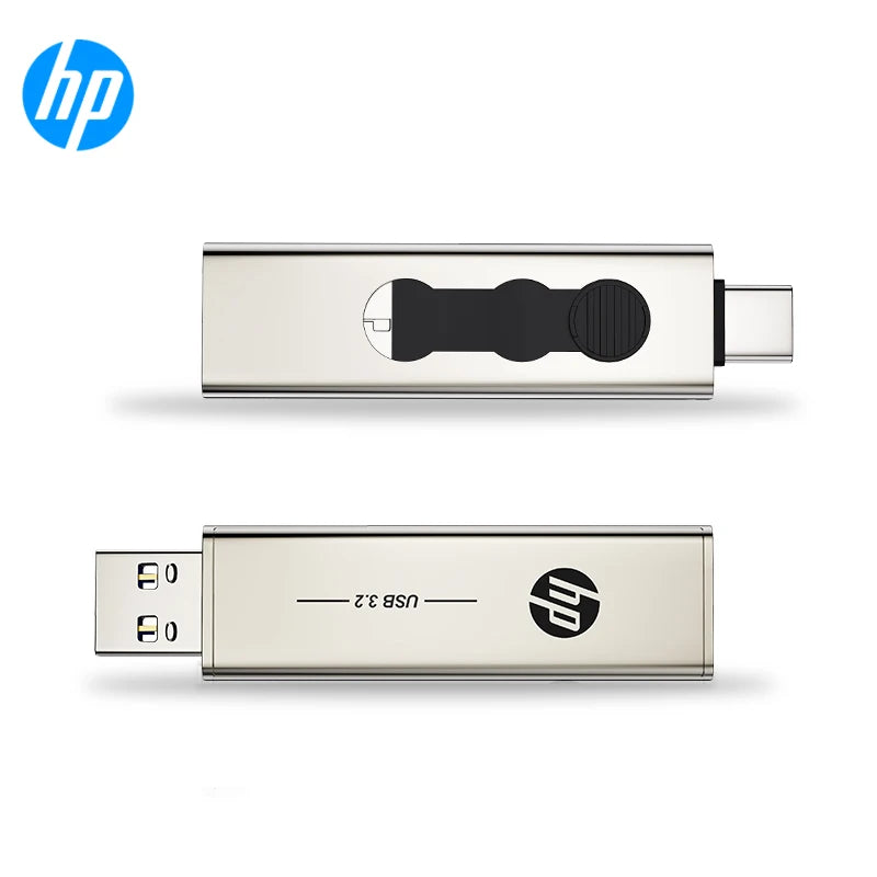 HP 2 in 1 OTG USB 3.2 Flash Drive Retractable Type-C Dual Metal Pendrive 64GB 128GB 256GB for Laptop PC Smartphone Zpaxo