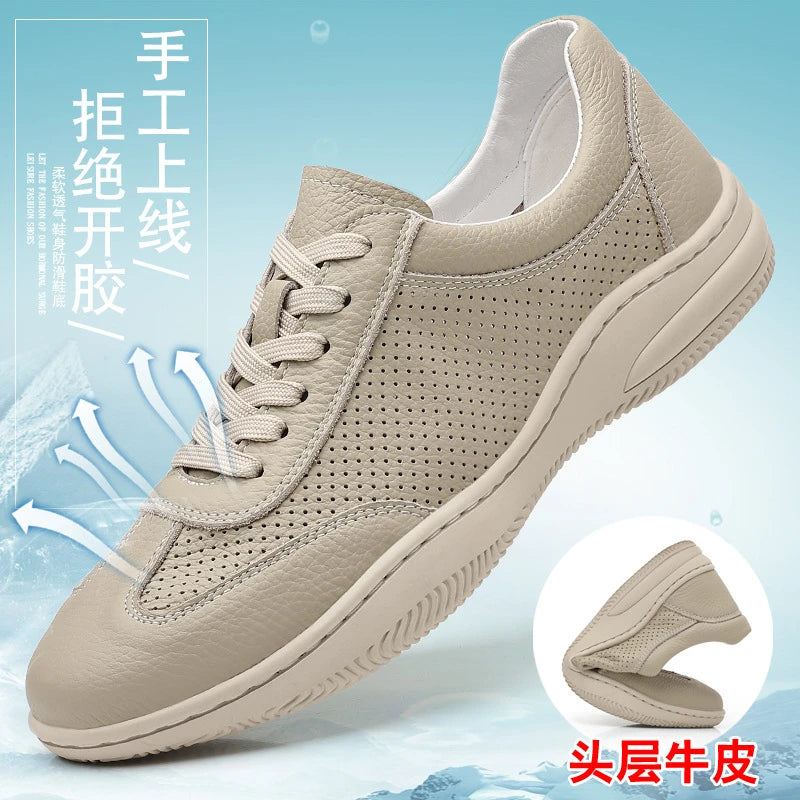 Mens Beige Leather Breathable Perforated Casual Sneakers Low Lace Up Zpaxo