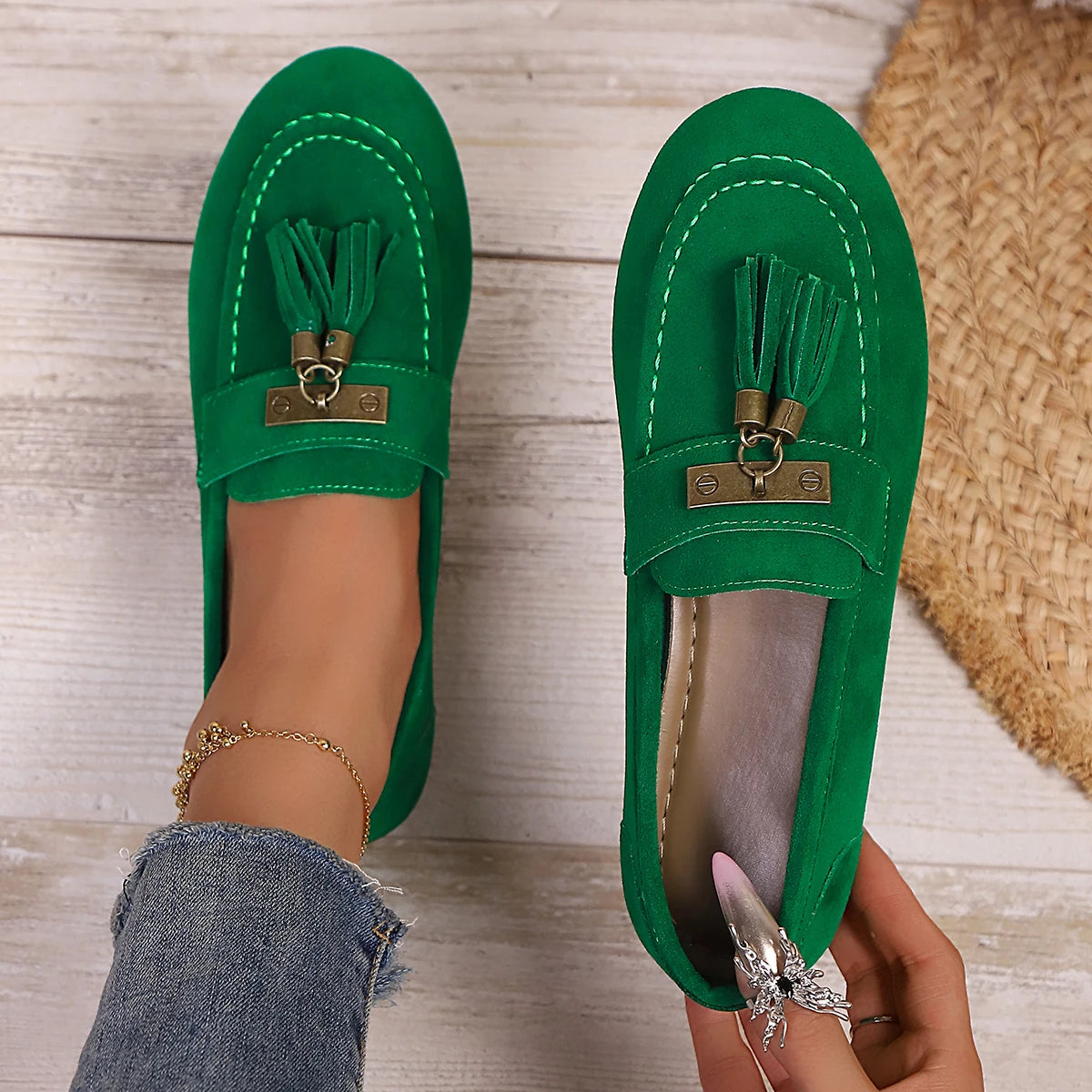 Women Loafers Outdoor Tassels Flat Sneakers Women Comfortable Vacation Shoes Round Toe Walking Shoes Ladies Zapatos De Mujer Zpaxo green 41