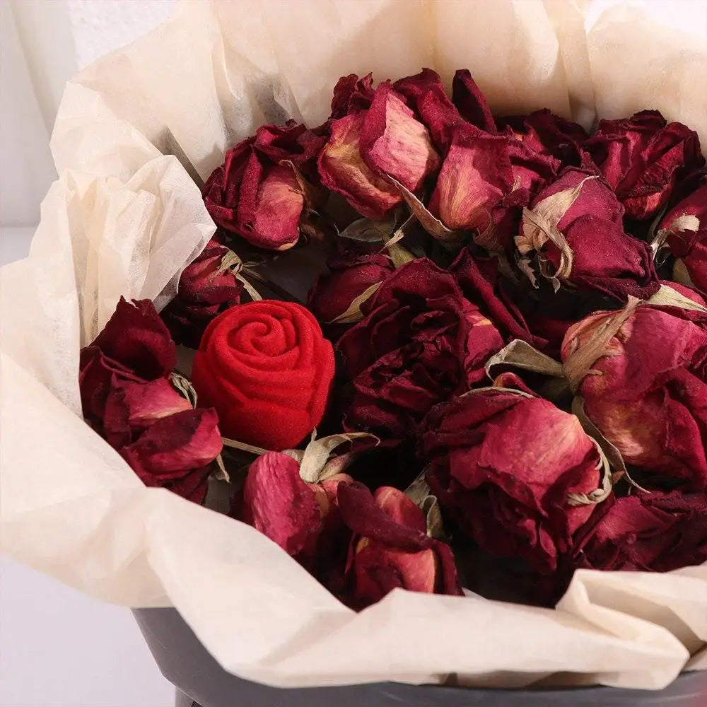 Red Flower Stem Ring Holder Velvet Jewelry Box Wedding Engagement