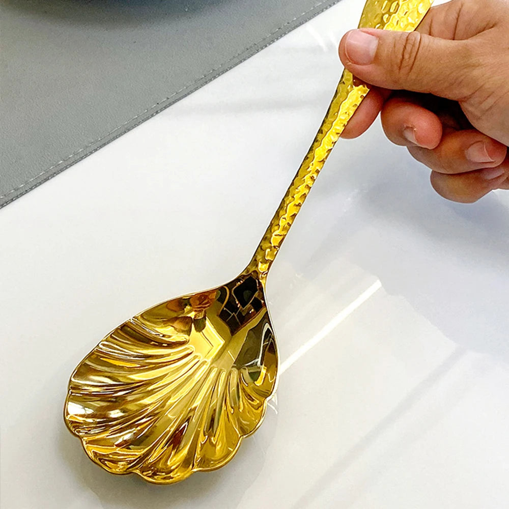 Stainless Steel Serving Spoon Elegant Shell Mixing Large Spoon Utensil Gold Silver for Home Party Restaurant Dining and Serving Zpaxo