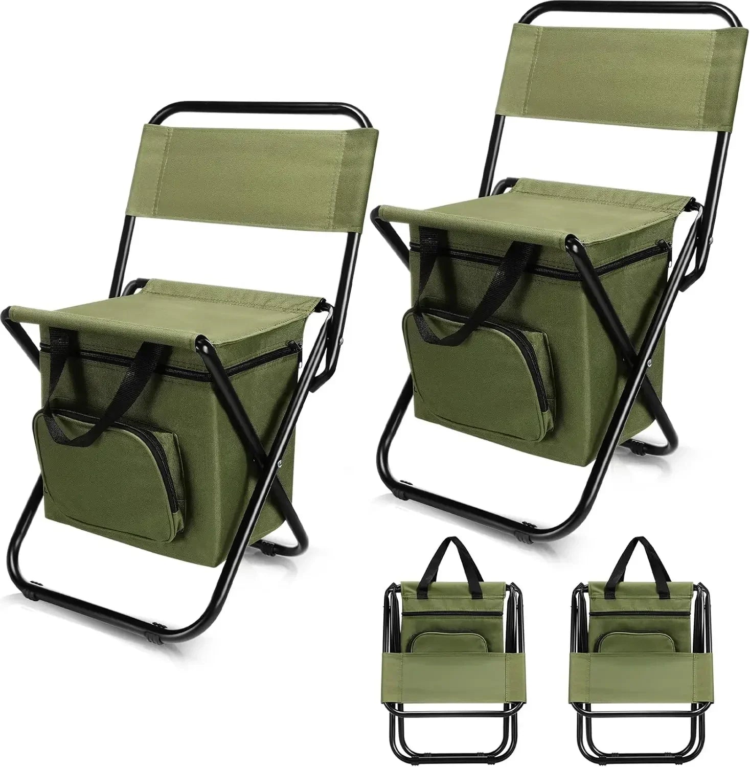 Portable Folding Fishing Chair with Cooler Bag & Backrest 2-Pack