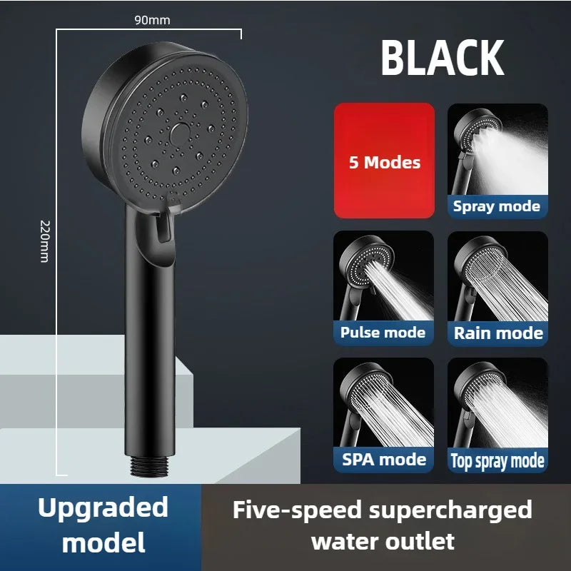 Black 5 Modes Shower Head Adjustable High Pressure Water Saving Shower Head Water Massage Shower Head Bathroom Accessories Zpaxo black shower head
