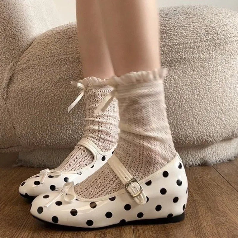 Women Flats Fashion Polka Dot Bow Decor Design Shoes 2026 Solid Round