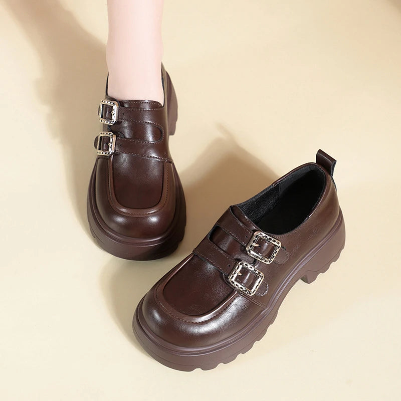 Height Boosting Brown Leather Platform Loafers Double Buckle Non Slip Zpaxo