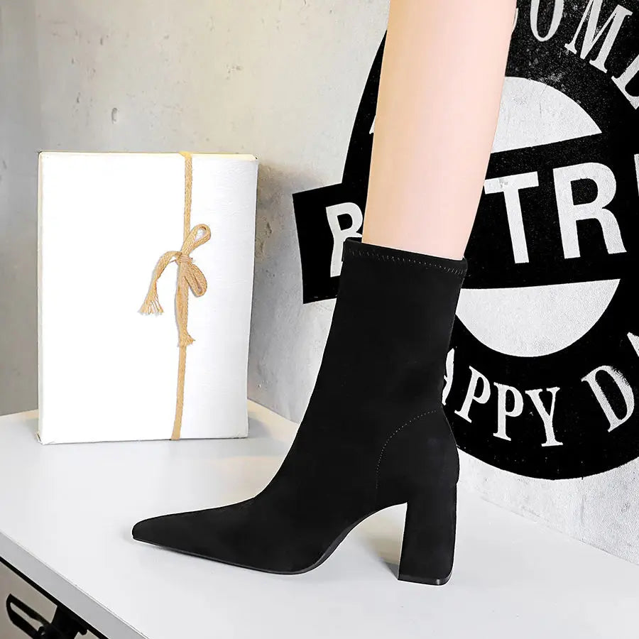 43 Thick Heel Ladies Work Boots Black Flock Sexy Slim Slip-on Ankle Zpaxo