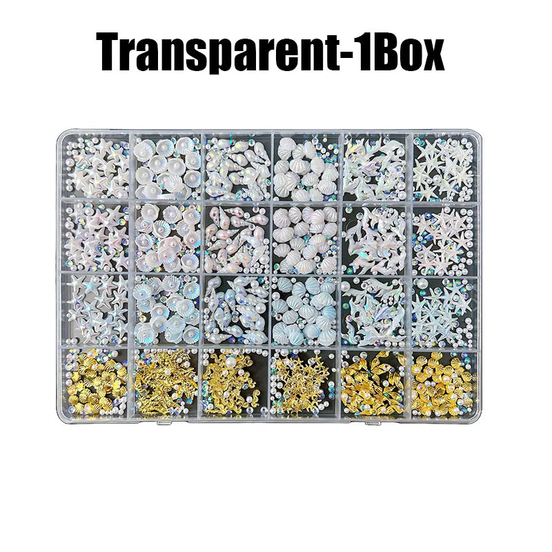 24 Grid Ocean Nail Art Accessories Iridescent Shell Starfish Pearl