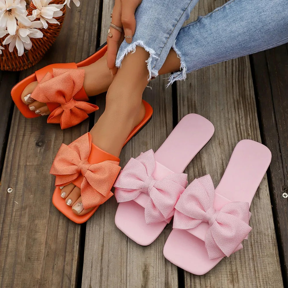Women's Solid Flat Slippers 2026 Summer Fashion Bow Design Sandals