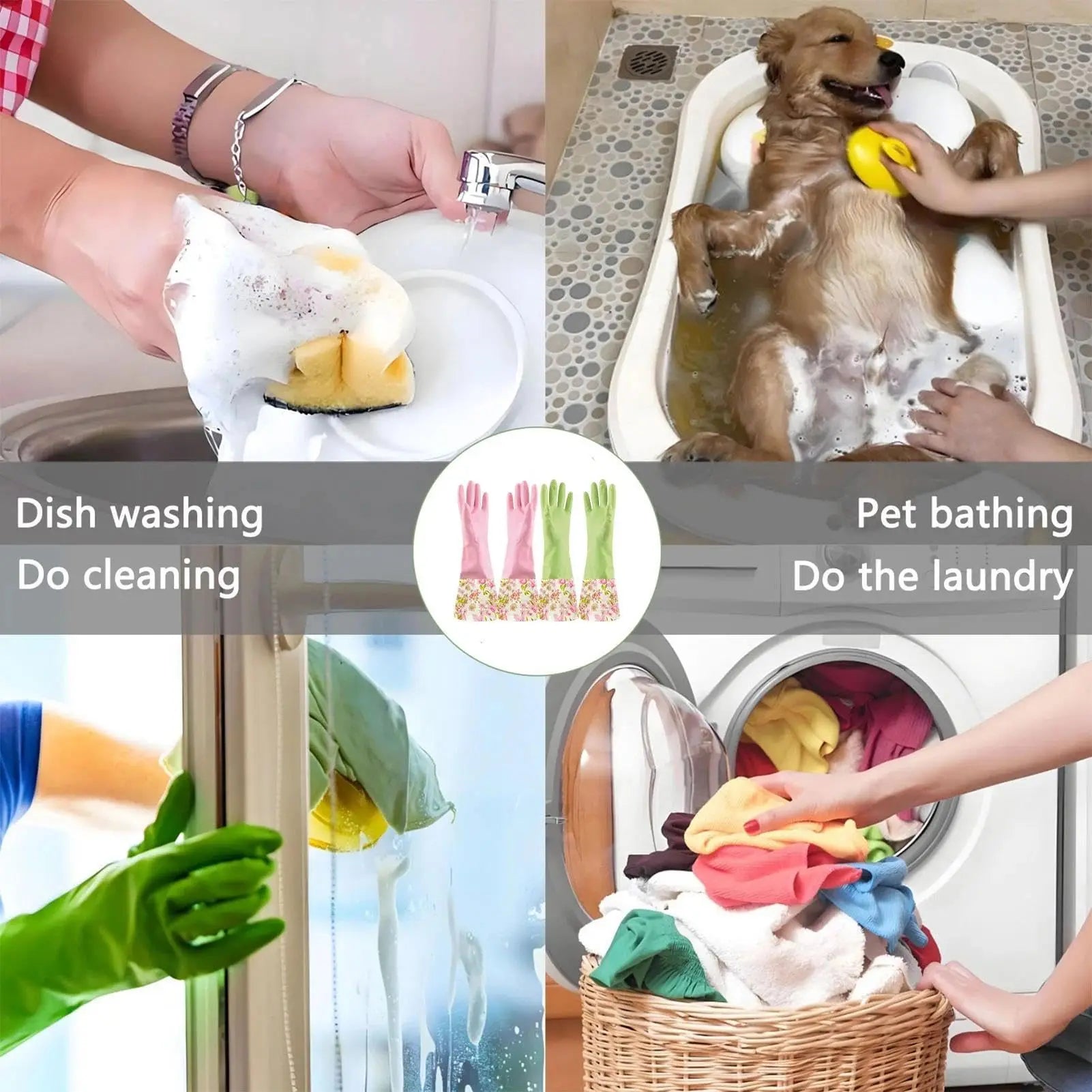 Dishwashing Gloves, Household Kitchen Rubber Cleaning Gloves 2 Pair Large (Pink+Green) Zpaxo