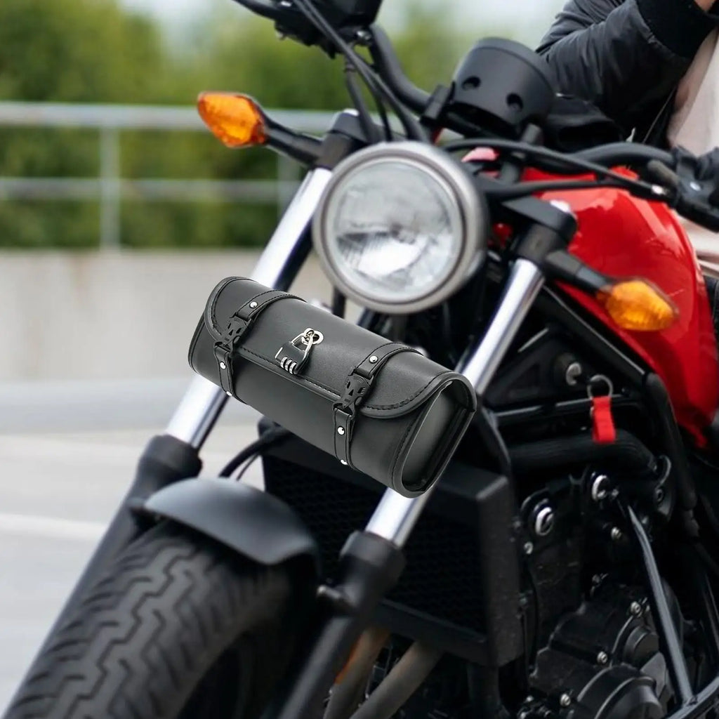 Motorcycle Tool Bag Barrel Handlebar Lock Waterproof PU Leather Cool