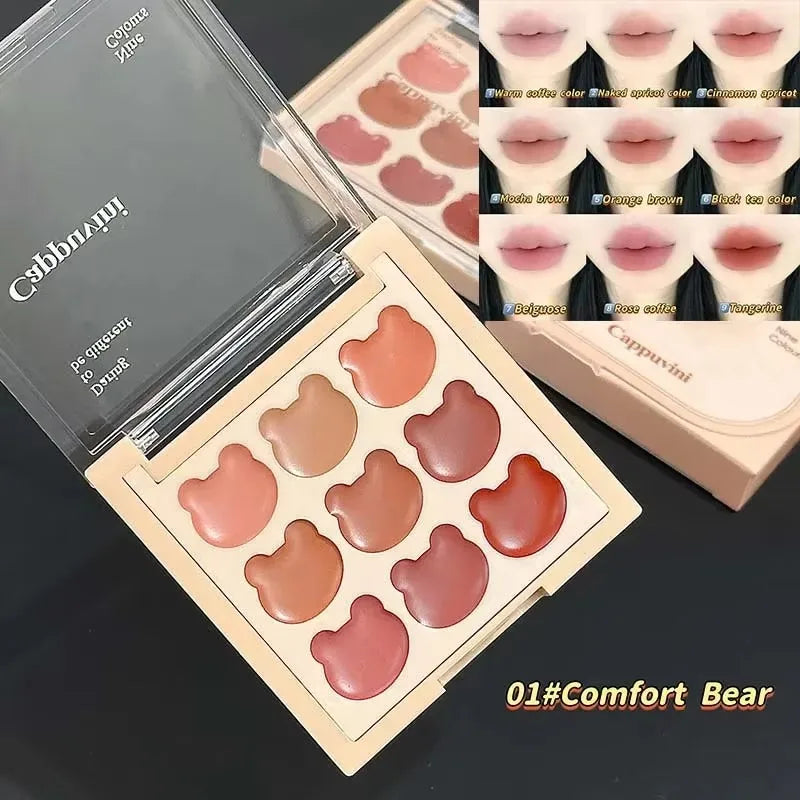 9Color Bear Lipstick Palette Lip Mud Matte Sweet Warm Colors Cheeks