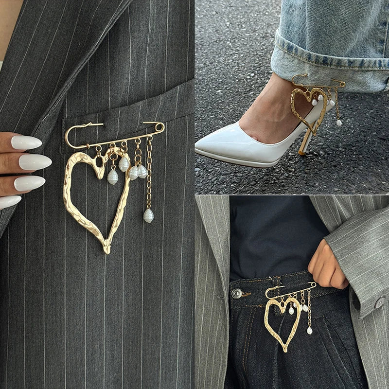 Beaded Heart Tassel Brooch – Decorative Metal Safety Pin