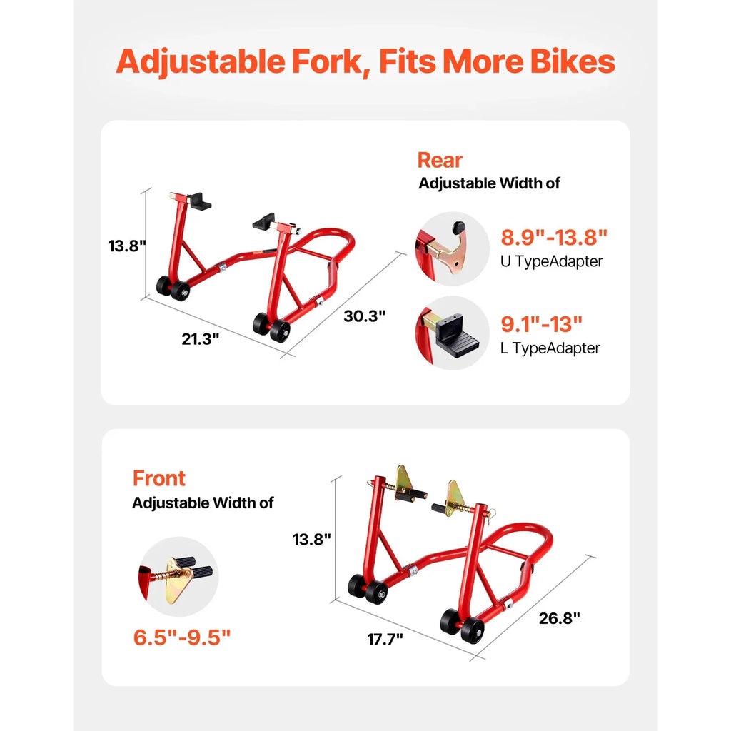 Motorcycle Stand 850lbs Heavy Duty Front Rear Combo Stand Front Wheel Dual-Fork Stand Rear U+L Fork Swingarm Spool Stand Zpaxo