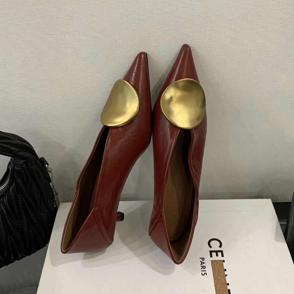 2025 Autumn Women Pumps Shoes Fashion Gold Metal Shallow Slip Single