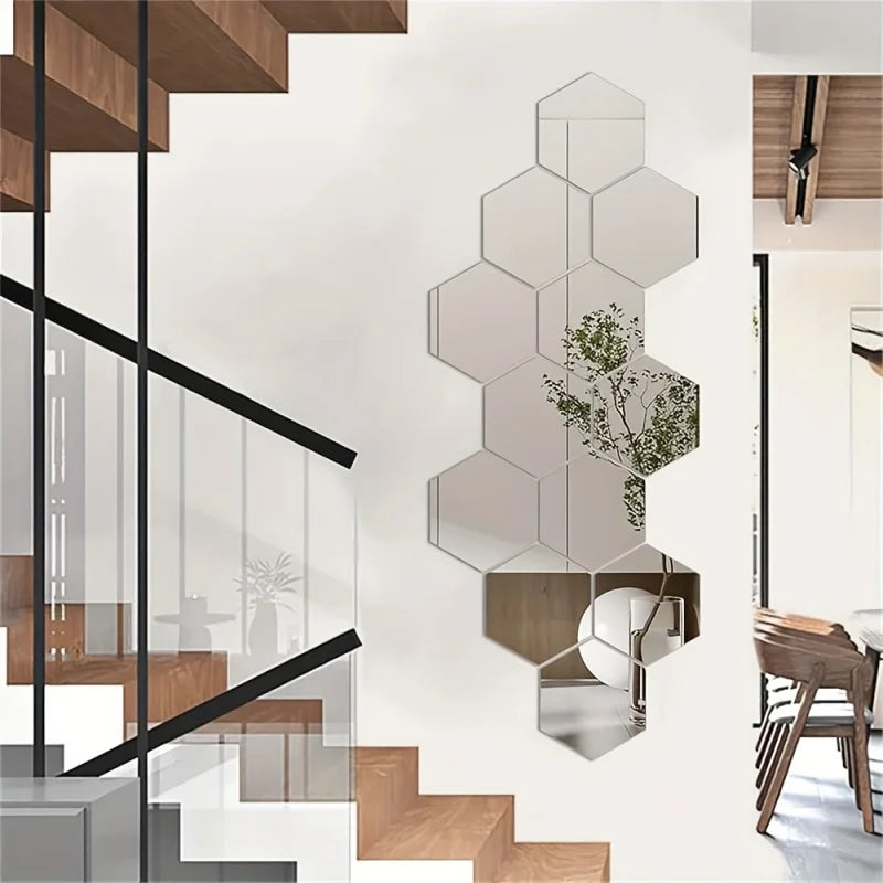 12 Hexagonal 3D Mirror Wall Stickers Self-adhesive DIY Decoration