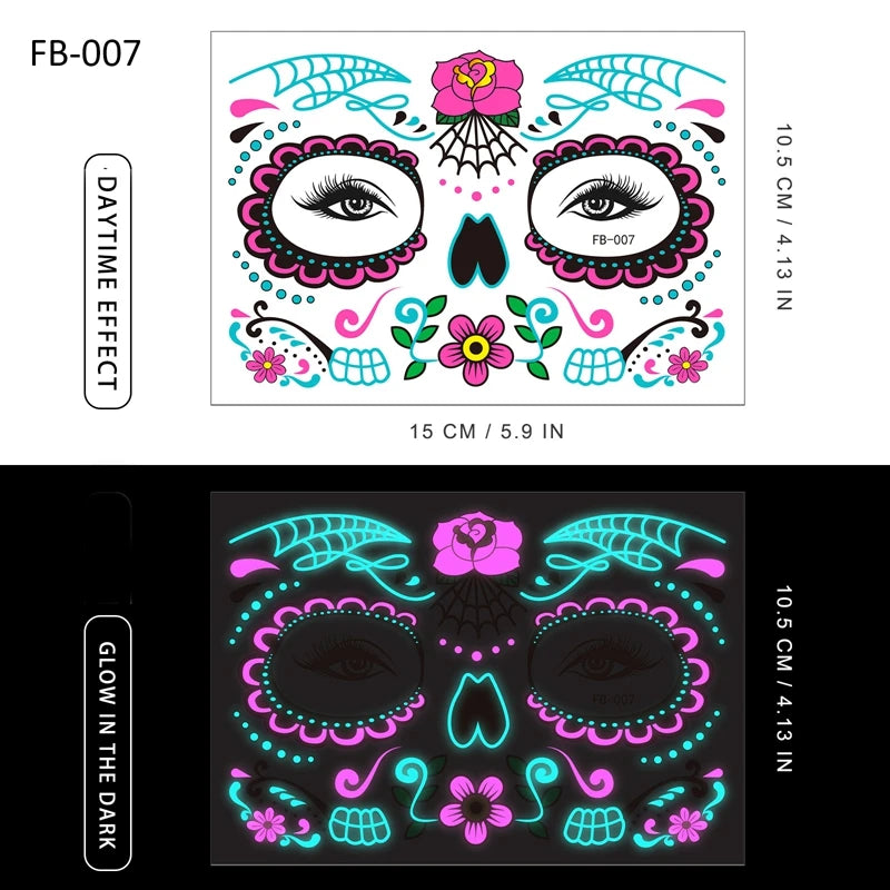 Halloween Halloween Face Tattoo Sticker Temporary Skin Tattoo for Party Festival Makeup Tattoo Glow in The Dark Body Sticker Zpaxo fb-07