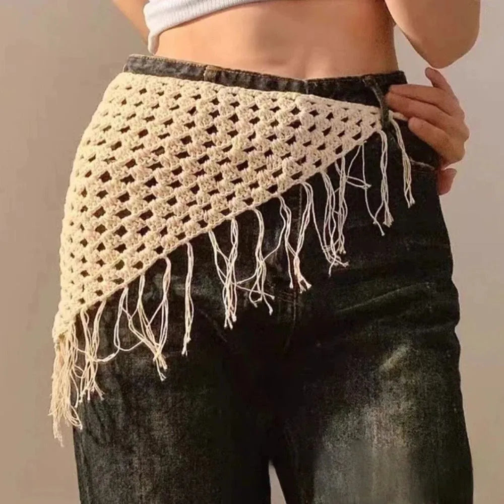 New Adjustable Hollow-Out Mini Skirt Fringe Trim Hand-knitting Fashion Bandana Y2K Streetwear Waist Hip Wrap Travel Accessory Zpaxo