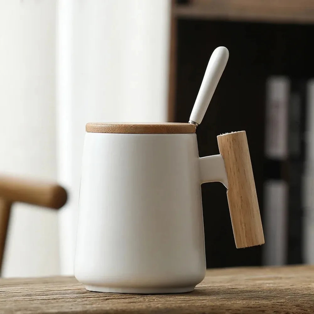 Hot Vintage Hot Selling Wooden Handle Ceramic Cup, Creative Mug, Cultural and Creative Coffee Cup with Lid Spoon Zpaxo