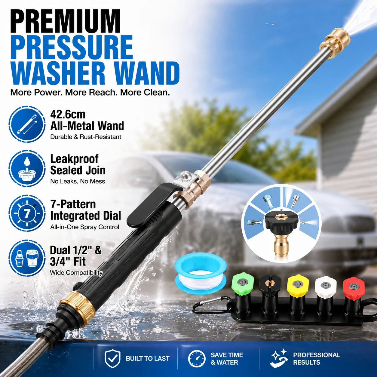 High Pressure Washer Wand Metal 42.6cm Spray Gun 7 Patterns Leakproof Garden Hose Nozzle For Car Washing Yard Roof Cleaning Tool Zpaxo