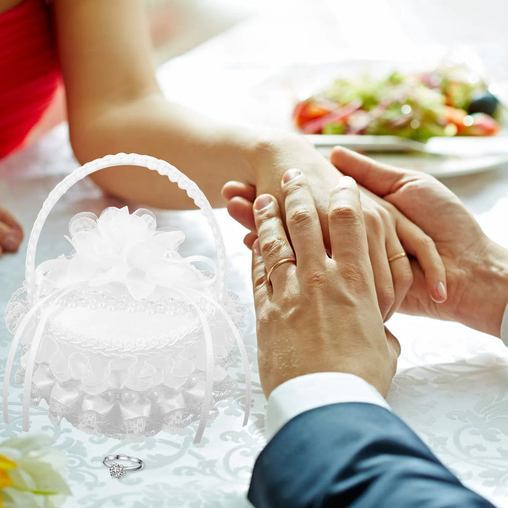 White Mini Satin Ring Box Embroidered Wedding Basket Pearl Handle