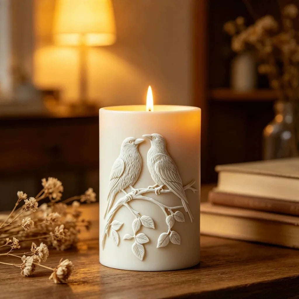 3D Birds on Branch Cylindrical Silicone Candle Mold – DIY Craft
