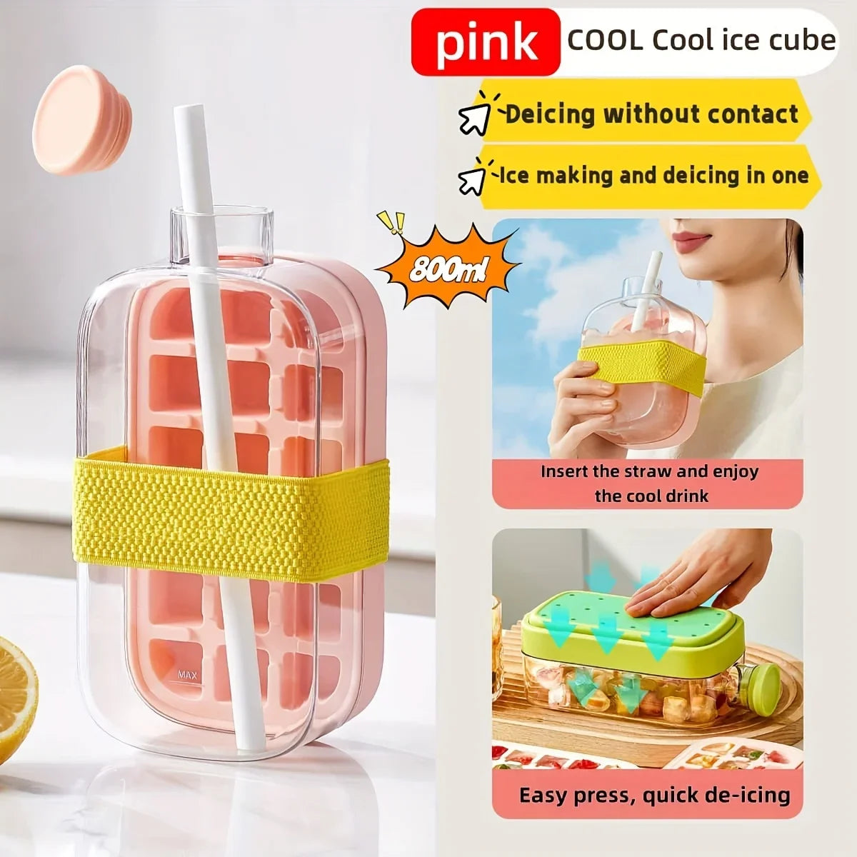 2-in-1 Portable Ice Cube Cup with Straw Quick Release Food-Grade Material for Juice Drinks Cocktails Whiskey Plastic Straw Cup Zpaxo Pink 800ML 1 PCS