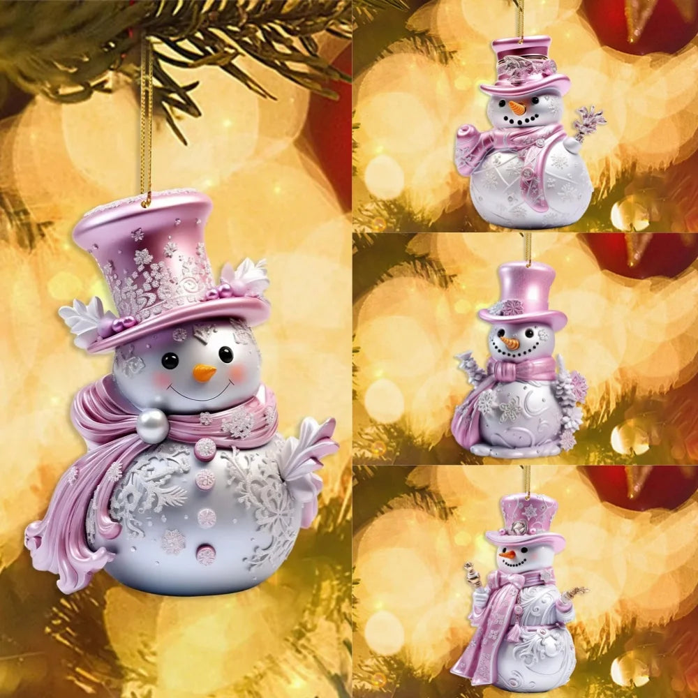 Pink Snowman Acrylic Christmas Ornament – 8cm Tree Pendant
