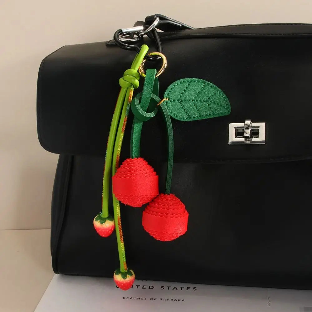 Woven Flower Strawberry Bag Pendant Cherry Backpack Accessories PU Leather Pendant Braided Rope Car Keyring Fruit Keychain Men Zpaxo