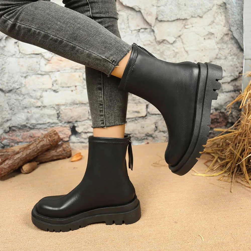 Womens Boots Spring Autumn Round Head Thick Sole Elastic Boot Pine