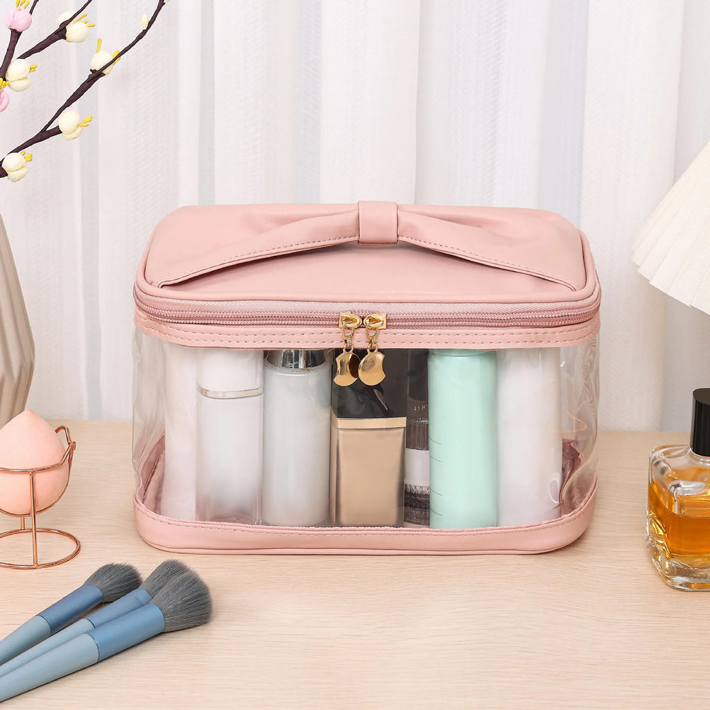 Clear PU Cosmetic Bag Butterfly Knot Large Capacity Toiletry