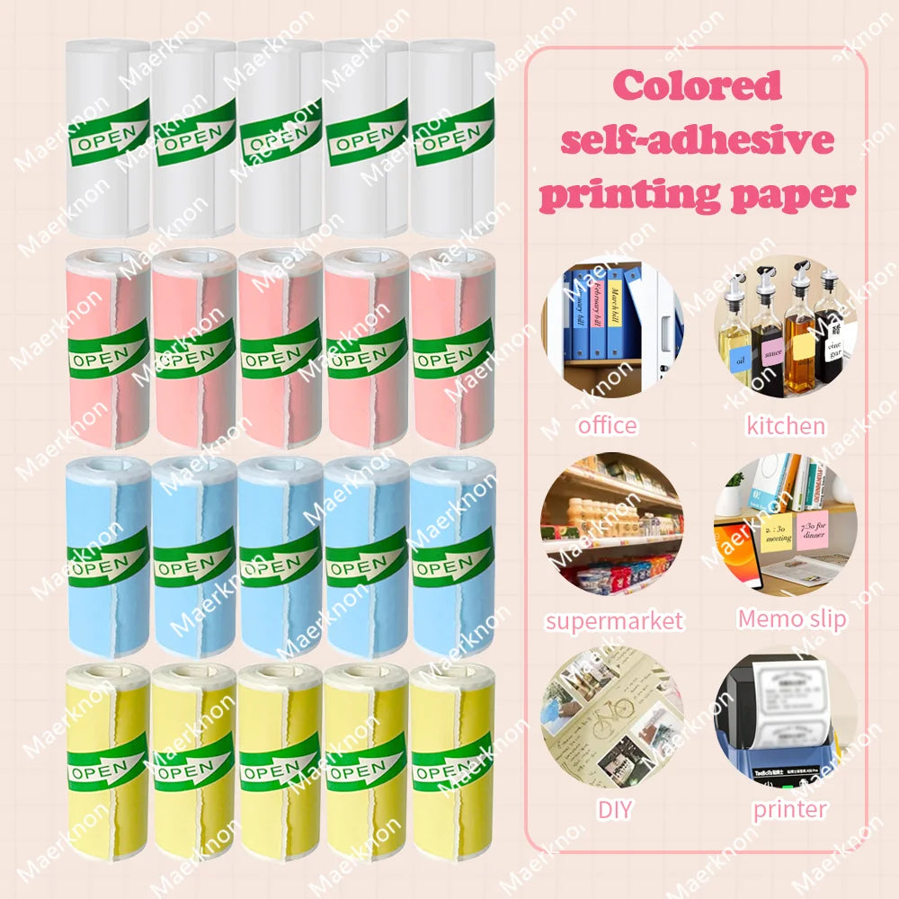 5 Rolls Colorful White Mini Printer Self-Adhesive Paper, 57mm Adhesive Thermal Printing Paper, Office Label Paper Printing Paper Zpaxo