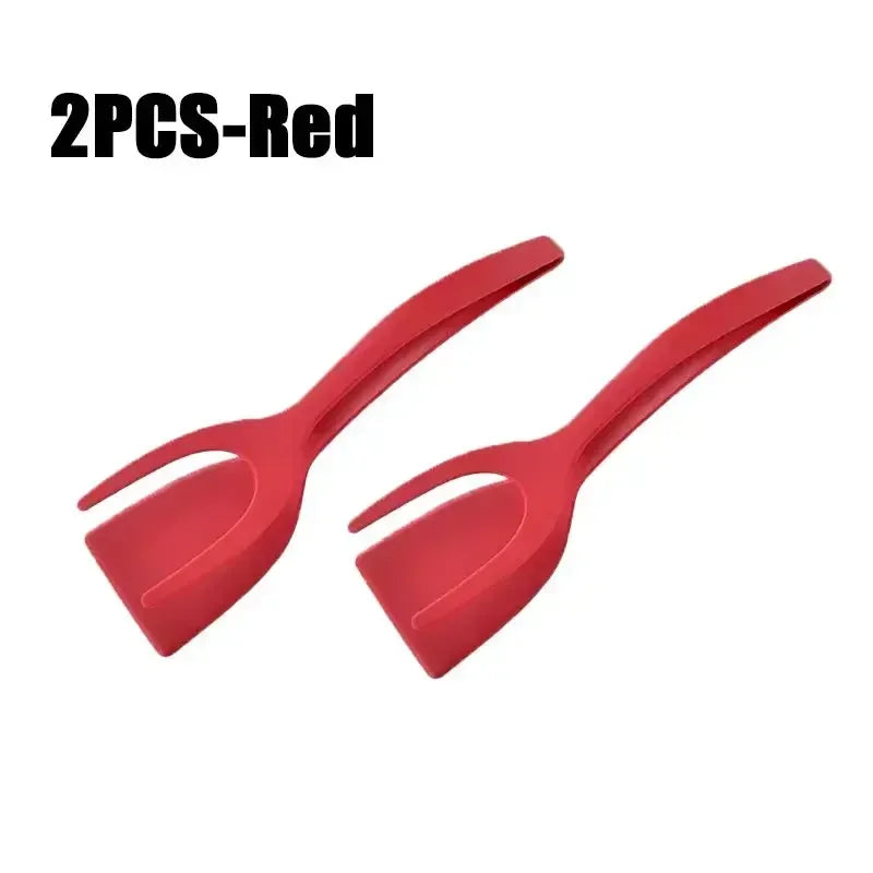 2-in-1 Egg Spatula Tongs Cooking Utensils Kitchen Accessories Pancake Cooking Machine Flip Pliers Nylon Clip Gadget Tools Zpaxo 2PCS-Red