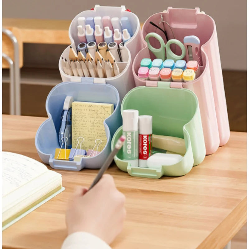 Cute Foldable Multi Compartment Pen Holder Plastic Desktop Storage