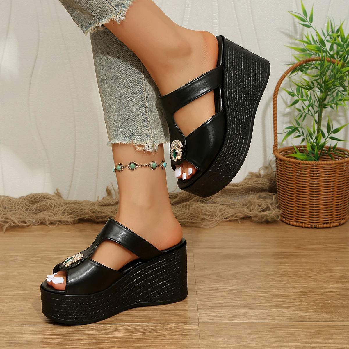 Women Sandals Peep Toe Open Walking Designer Shoes Summer Wedges Zpaxo black 35