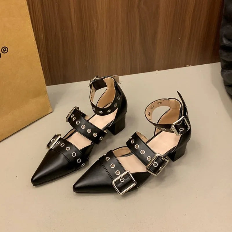 Thick Heeled Baotou Sandals Women's Roman Strap Shoes Middle Pointed