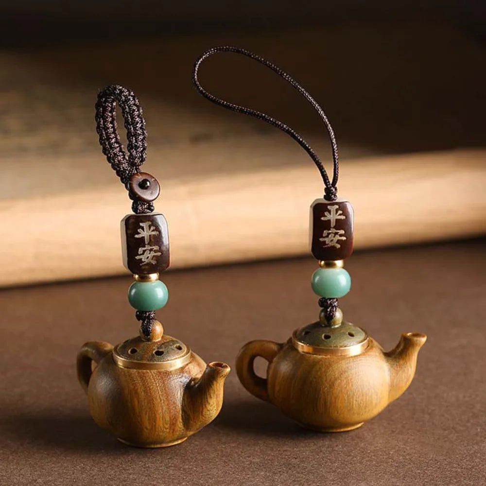 Openable Little Teapot Keychain Waterproof Carved Teapot Pendant Green Sandalwood Woven Rope Phone Chain Zpaxo