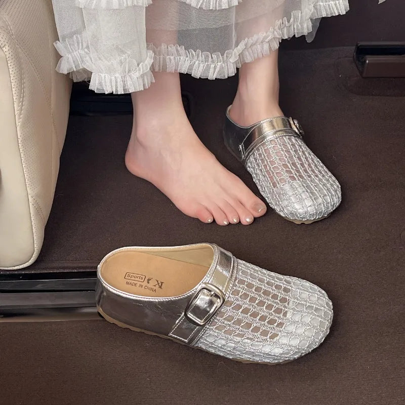 Women's Round Closed Toe Mesh Fabric Hollow Out Breathable Mid Heel Zpaxo Silver 39