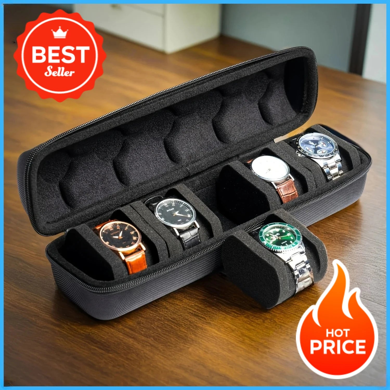 5-Slot Watch Case Hard Shell Travel Organizer Pillow Insert Ready