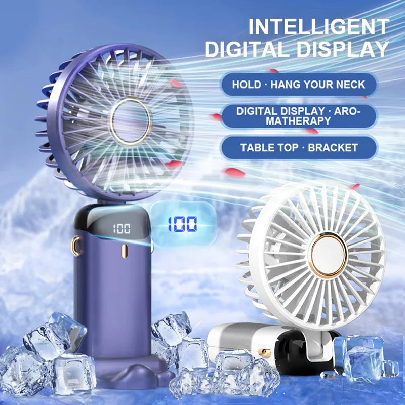 Mini Handheld Fan 5 Speeds USB Charging Hanging Neck Fan LED Digital Display For Outdoor Sport Student Office Desk Small Fan Zpaxo