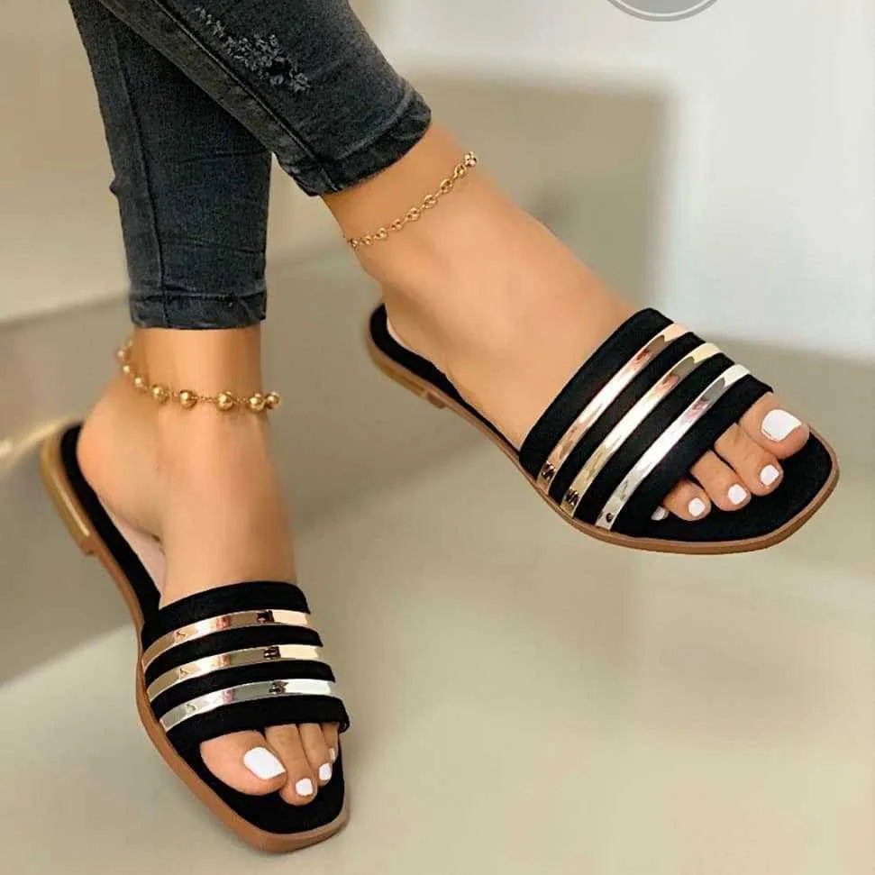 Women Slippers 2025 Metal Striped Summer Flat Shoes Fashion Slip Zpaxo black 35