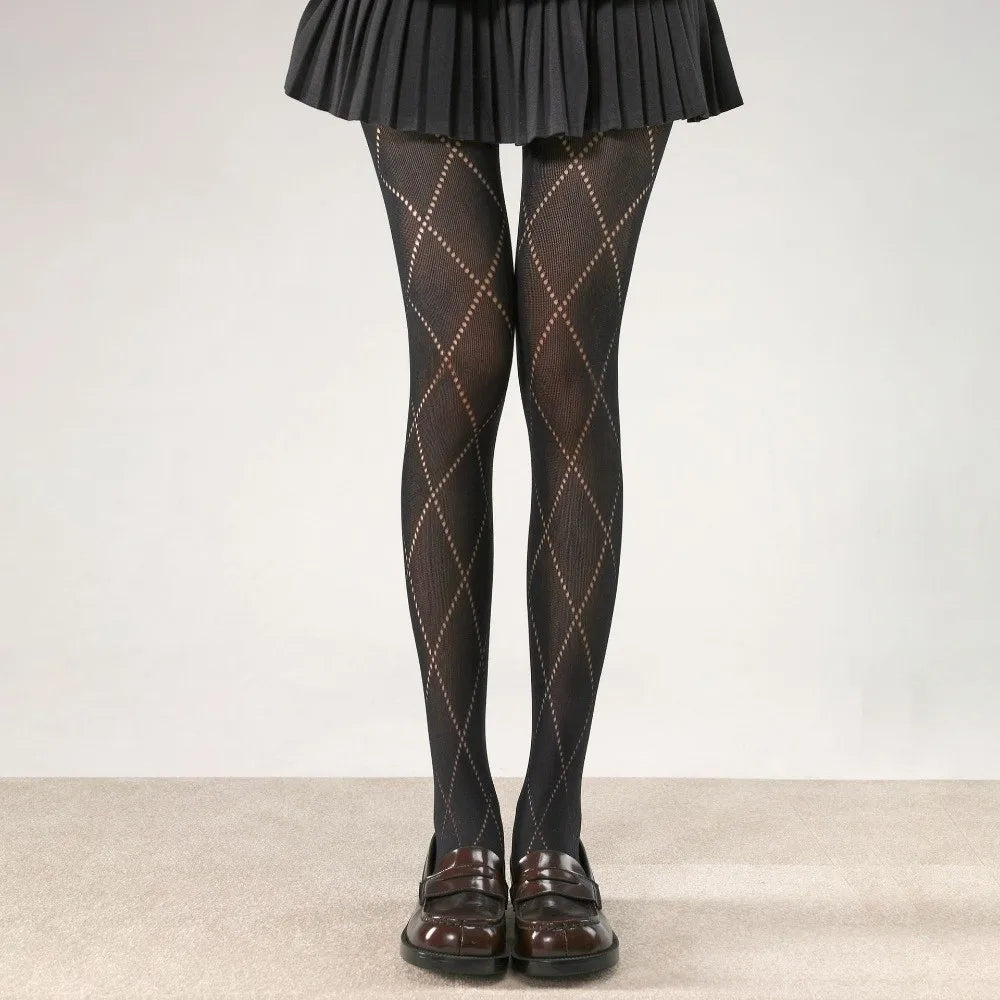 Sexy Jacquard Knitted Pantyhose Hollow Out Y2K Women Tights High Elastic Slim Stockings Female Lingerie Zpaxo Black One Size