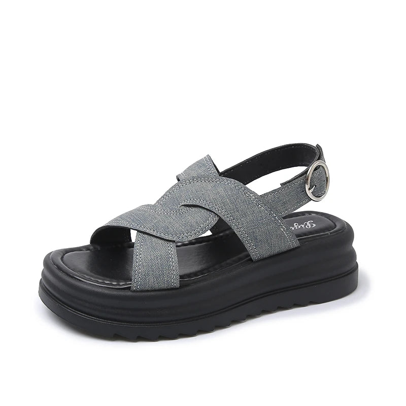 Women's Fashion Sandals New Outer Hollow Breathable Baotou Buckle Roman Shoes Anti-slip 2025 High-heeled Thick-soled Women Shoes Zpaxo denim blue 40