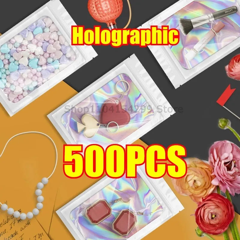 500Pcs Holographic Ziplock Bags Plastic Laser Iridescent Zip Bags for Manicure Eyelash Display Earrings Ring Jewelry Storage Bag Zpaxo