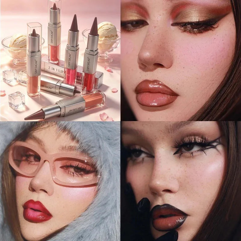 2IN1 Tapered Lipliner Lipstick Pen Nude Brown Mirror Glass Lip Gloss Matte Gradient Lip Liner Waterproof Lips Contour Pen Makeup Zpaxo
